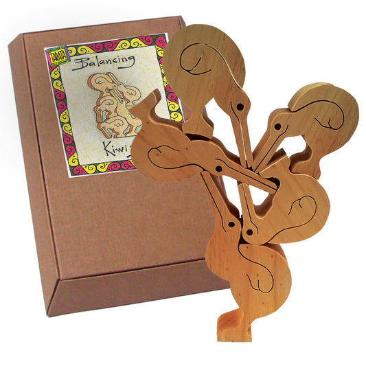 TARATA Balancing Kiwis - Natural (G) Hand made from farm forested timber, these fun puzzles will challenge your skills, dexterity and patience as you try and balance them. It's simply a matter of holding your tongue in the right place! Each set comes attractively gift boxed, with full instructions and a challenging configuration card showing about 20 of the literally 100's of possible ways of balancing each set, and for even more fun sets can be combined so you can make towers reaching the sky!