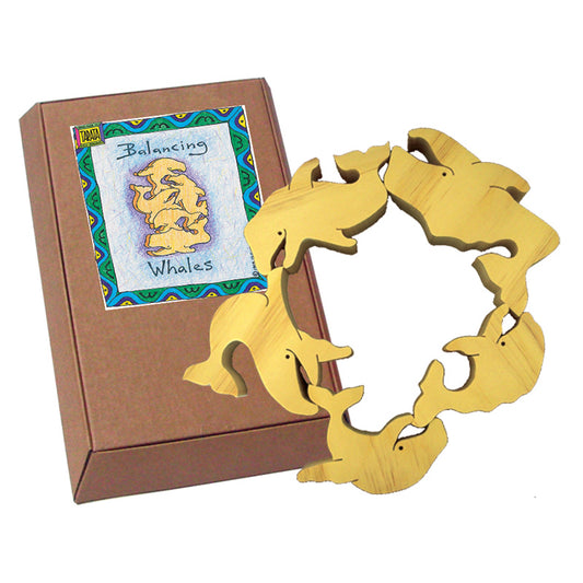 TARATA Balancing Whales - Natural (G) Hand made from farm forested timber, these fun puzzles will challenge your skills, dexterity and patience as you try and balance them. It's simply a matter of holding your tongue in the right place! Each set comes attractively gift boxed, with full instructions and a challenging configuration card showing about 20 of the literally 100's of possible ways of balancing each set, and for even more fun sets can be combined so you can make towers reaching the sky!