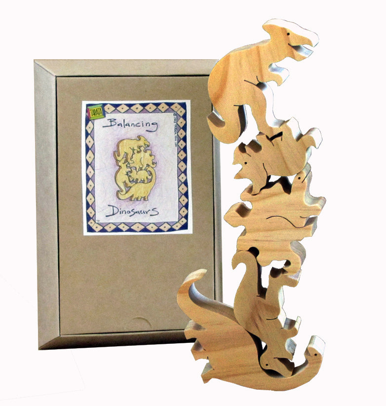 TARATA Balancing Dinosaurs - Natural (G) Hand made from farm forested timber, these fun puzzles will challenge your skills, dexterity and patience as you try and balance them. It's simply a matter of holding your tongue in the right place! Each set comes attractively gift boxed, with full instructions and a challenging configuration card showing about 20 of the literally 100's of possible ways of balancing each set, and for even more fun sets can be combined so you can make towers reaching the sky!