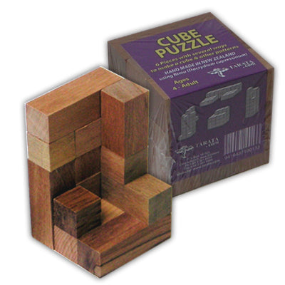 TARATA Cube Wooden Puzzle Similar to the SOMA CUBE, but with 6 pieces.
Numerous ways to make a cube, and other patterns.
Size 57mm sq (approx)
Made In New Zealand from Local Timbers like Rimu, Beech or Pine