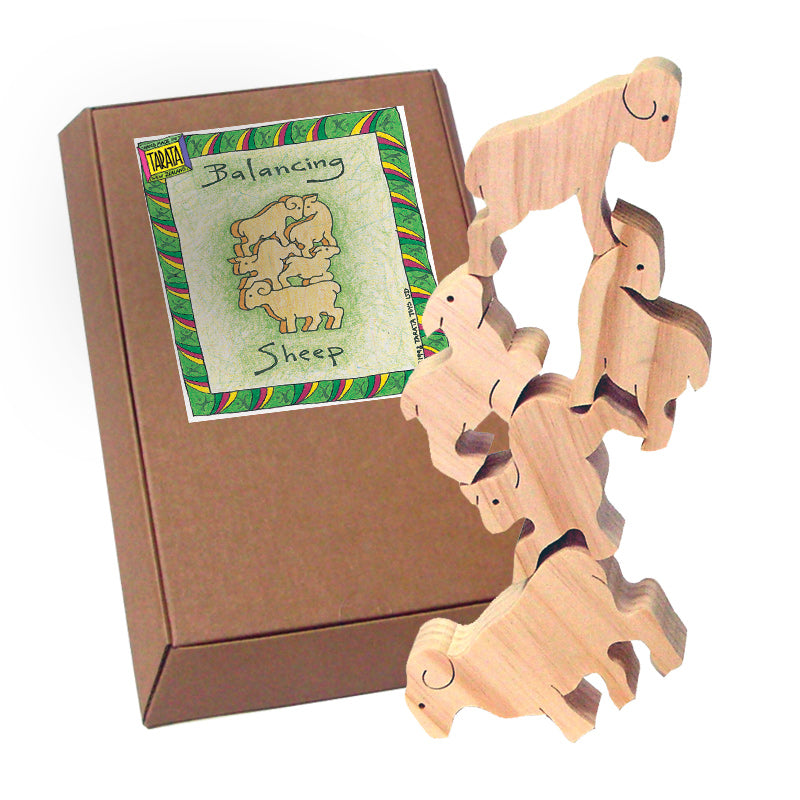 TARATA Balancing Sheep - Natural (G) Hand made from farm forested timber, these fun puzzles will challenge your skills, dexterity and patience as you try and balance them.  It's simply a matter of holding your tongue in the right place! Each set comes attractively gift boxed,  with full instructions and a challenging configuration card showing about 20 of the literally 100's of possible ways of balancing each set, and for even more fun sets can be combined so you can make towers reaching the sky! 