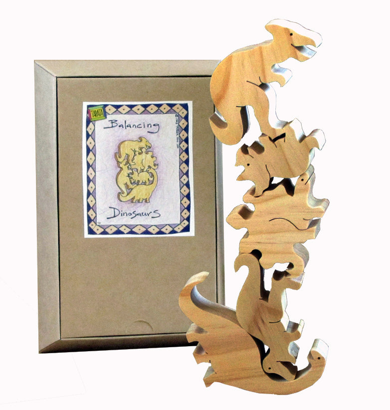 TARATA Balancing Dinosaurs - Natural (G) Hand made from farm forested timber, these fun puzzles will challenge your skills, dexterity and patience as you try and balance them.  It's simply a matter of holding your tongue in the right place! Each set comes attractively gift boxed,  with full instructions and a challenging configuration card showing about 20 of the literally 100's of possible ways of balancing each set, and for even more fun sets can be combined so you can make towers reaching the sky! 